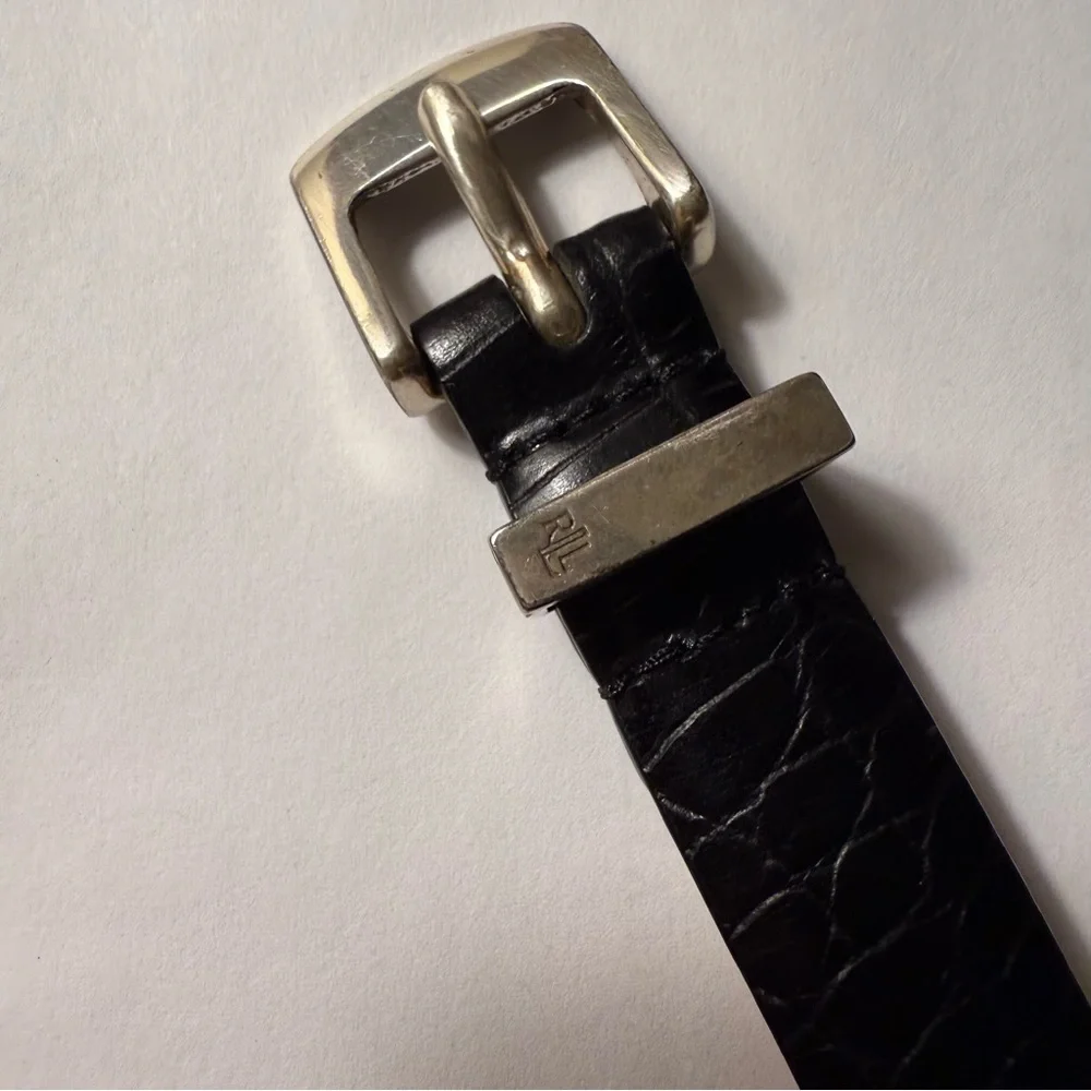 LAUREN RALPH LAUREN LRL BELT BLACK LEATHER CROC LOOK SILVER TONE BUCKLE SKINNY S